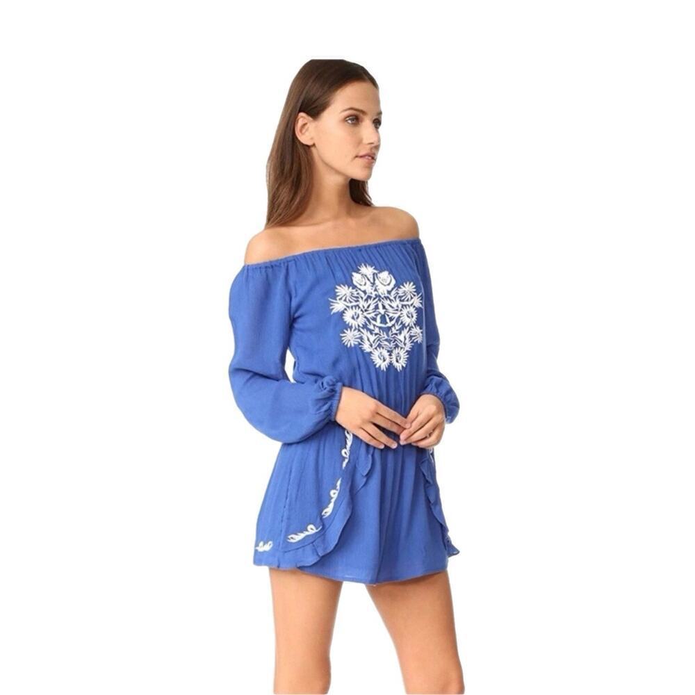 Lovers + Friends Carmella Embroidered Romper Size Small Blue Pockets